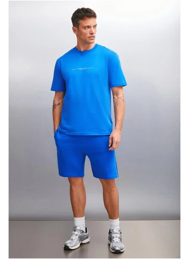 جريميلانج Grimelange Kingsley Men's Cotton Printed Short Sleeve Regular Fit Sax Blue T-Shirt