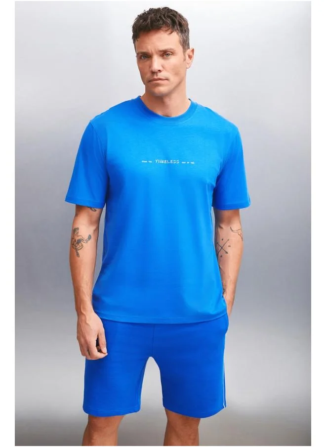 جريميلانج Grimelange Kingsley Men's Cotton Printed Short Sleeve Regular Fit Sax Blue T-Shirt