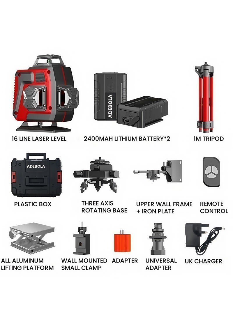 ADEBOLA - 4D Laser Level Pro Kit ，16 Lines 360° Self-Leveling with Magnetic Rotating Base， Tripod ，2 Long-Lasting Batteries& Remote Control Perfect for Tile Floors, Construction, Picture Hanging (Portable Toolbox Included) - Image 1