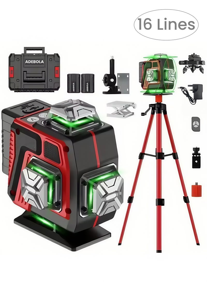 ADEBOLA - 4D Laser Level Pro Kit ，16 Lines 360° Self-Leveling with Magnetic Rotating Base， Tripod ，2 Long-Lasting Batteries& Remote Control Perfect for Tile Floors, Construction, Picture Hanging (Portable Toolbox Included) - Image 1