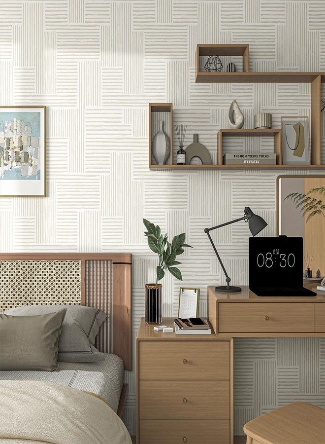 Naphite Modern Stripe Peel and Stick Wallpaper Boho Contact Paper for Cabinets Drawers Geometric Self Adhesive Removable Wallpaper for Bedroom Waterproof Beige/White Neutral Wall Decor 17.3''×78.7'' - Image 5