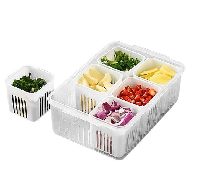 FRIDGE STORAGE BOXES FREEZER STORAGE CONTAINERS CONTAINER FOR KITCHEN STORAGE SET STORAGE IN KITCHEN VEGETABLE STORAGE DRAINING CRISPER REFRIGERATOR FOOD BOX 6 COMPARTMENT 1PCS