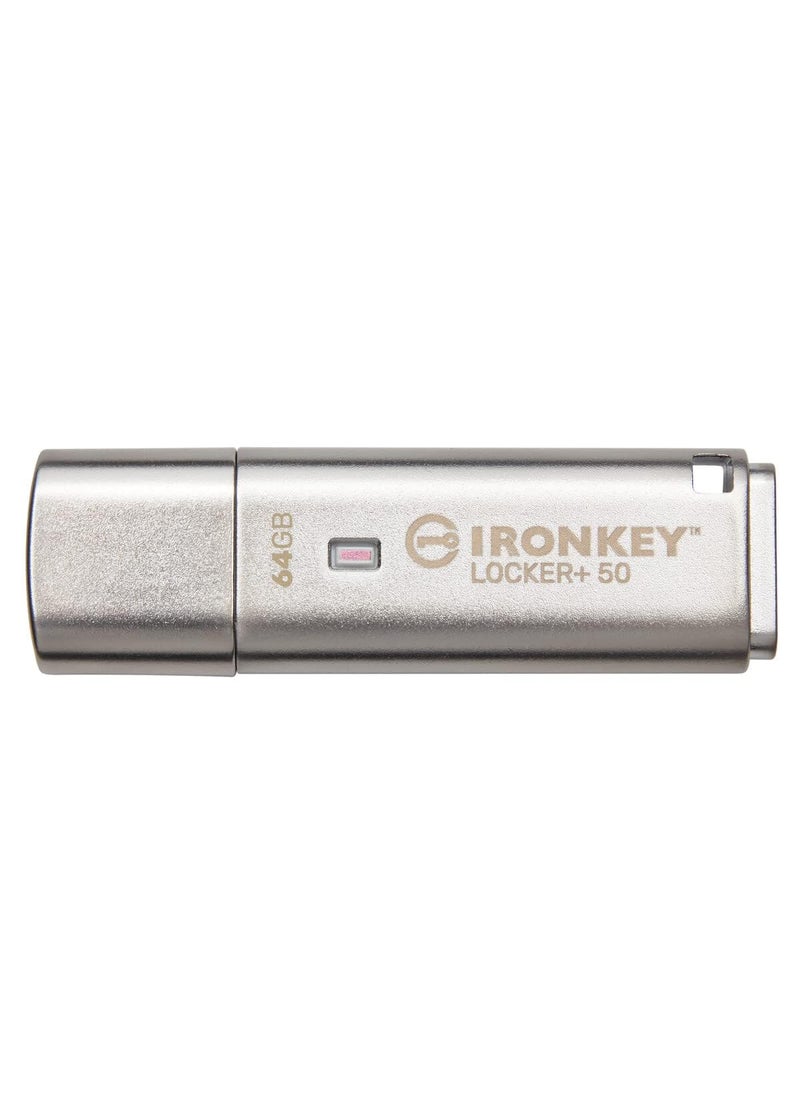 Kingston Kingston Ironkey Locker+ 50 64GB Encrypted USB Flash Drive | USB 3.2 Gen 1 | XTS-AES Protection & TAA Compliant | Multi-Password Security Options | Automatic Cloud Backup | Metal Casing | IKLP50/64GB  - Image 2