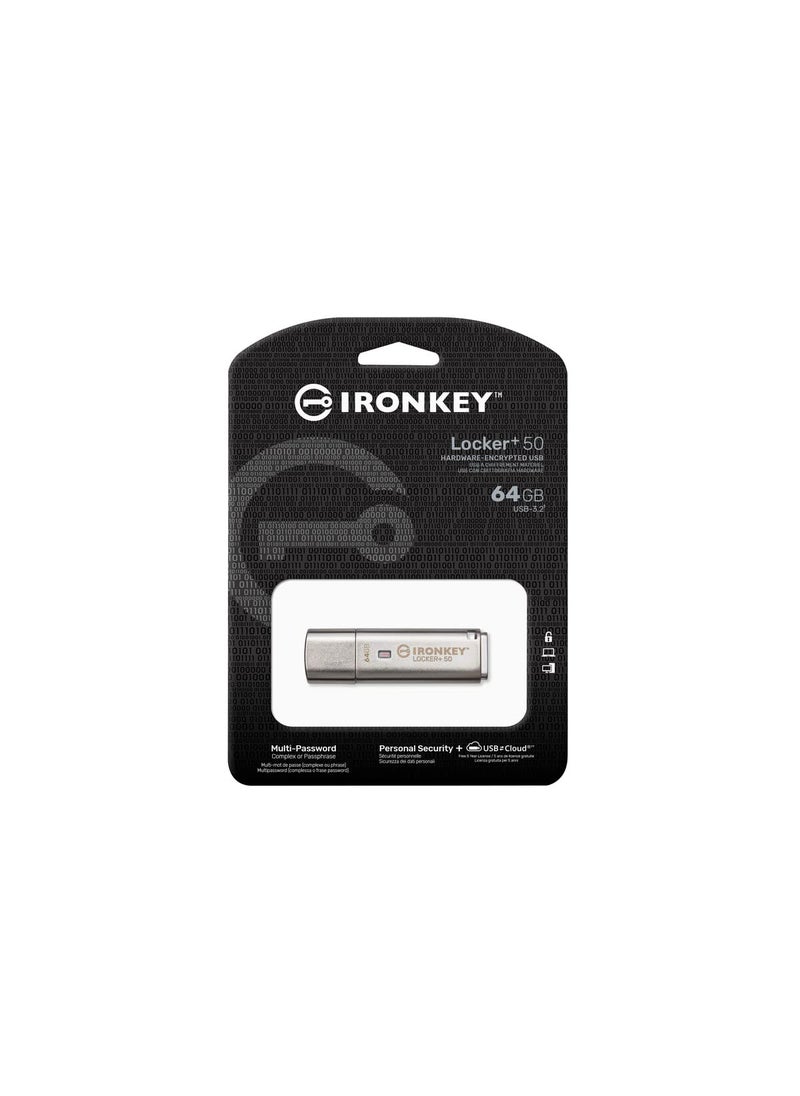 Kingston Kingston Ironkey Locker+ 50 64GB Encrypted USB Flash Drive | USB 3.2 Gen 1 | XTS-AES Protection & TAA Compliant | Multi-Password Security Options | Automatic Cloud Backup | Metal Casing | IKLP50/64GB  - Image 3