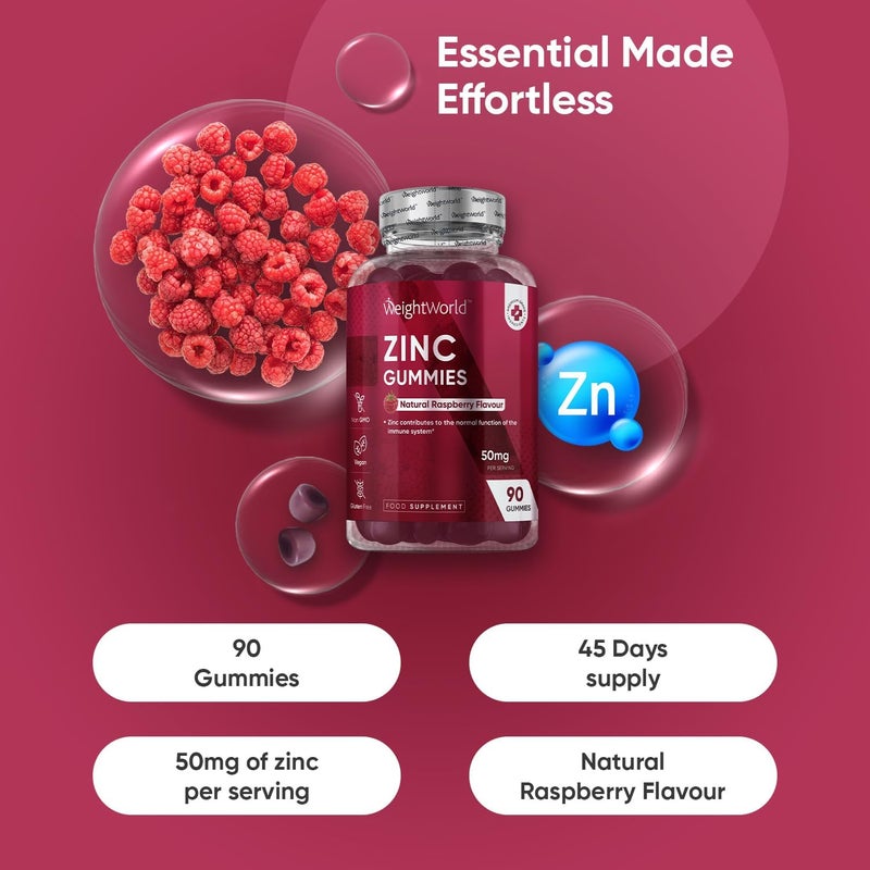 WeightWorld Zinc Citrate Gummies 50mg - 45 Days Supply - 90 Gummies - Zinc Supplement for Men & Women - Easy to Chew - Natural Raspberry Flavour - Vegan, Non-GMO & Magnesium Stearate-Free - Image 2