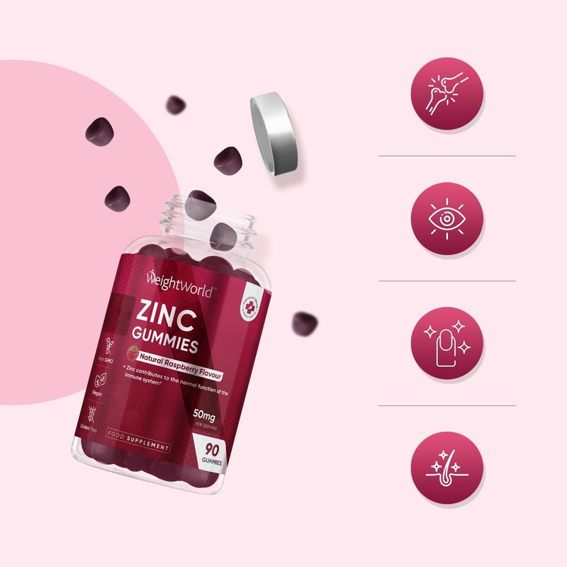 WeightWorld Zinc Citrate Gummies 50mg - 45 Days Supply - 90 Gummies - Zinc Supplement for Men & Women - Easy to Chew - Natural Raspberry Flavour - Vegan, Non-GMO & Magnesium Stearate-Free - Image 5