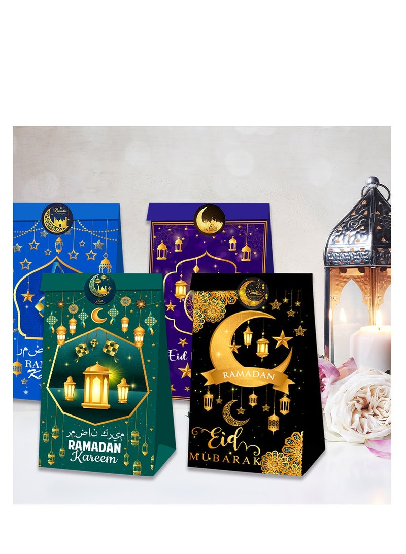 12 Pcs Eid Mubarak Party Favor Paper Bags with 18pcs Sticker, Eid Al Fitr Party Candies Goodies Bags Mosque Ramadan Theme Printed Pattern Gift Bags for Muslim Eid al-Adha Party Decoration Supplies. - Image 4