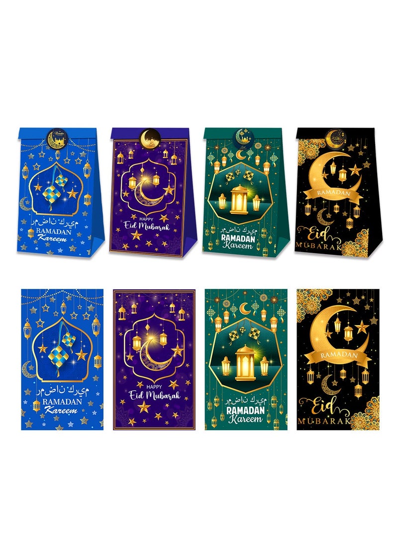 12 Pcs Eid Mubarak Party Favor Paper Bags with 18pcs Sticker, Eid Al Fitr Party Candies Goodies Bags Mosque Ramadan Theme Printed Pattern Gift Bags for Muslim Eid al-Adha Party Decoration Supplies. - Image 2