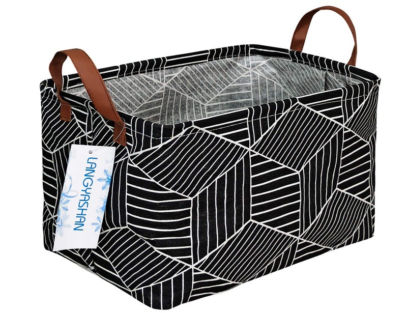 LANGYASHAN Rectangular Storage Bin Collapse Canvas Fabric Cartoon Storage Basket with Handles for Organizing Home Kitchen Boys and Girls Toys Office Closet Shelf Baskets Black Diamond