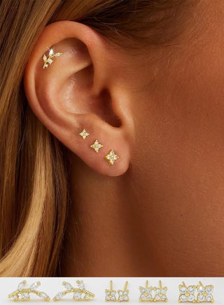 14K Gold Plated Stud Earrings, 925 Sterling Silver Post Cartilage Earring, Trendy Hypoallergenic, Cute Small Helix Earrings Stack Jewelry for Girls Women, Dainty Tiny Cubic Zirconia Earrings, 4 pairs