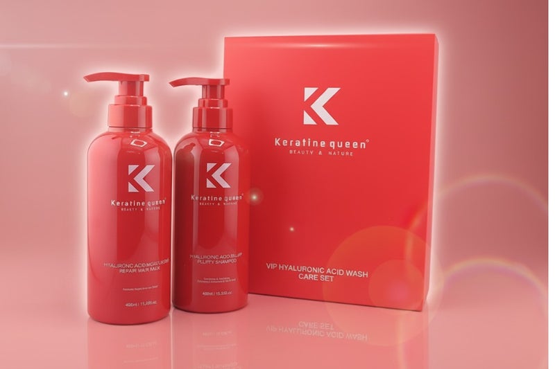 كيراتين كوين مجموعة العناية بالشعر من كيراتين كوين VIP بحمض الهيالورونيك وشامبو رقيق 450 مل وقناع إصلاح الشعر 450 مل - Image 1