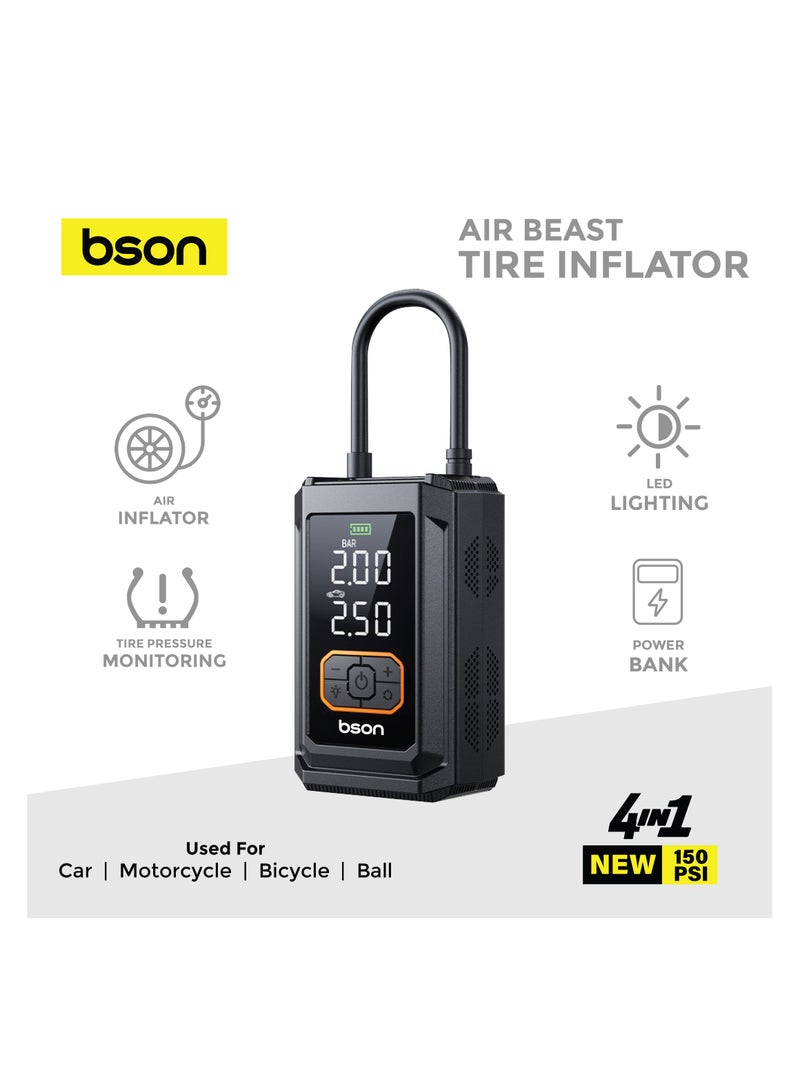 BSON Air Beast 4-in-1 Tire Inflator 150 PSI with Digital Display, 5 Smart Modes, Power Bank, LED Flashlight, Air Pressure Monitor - Compact Portable Air Pump for Car, Bike & Sports - Image 5