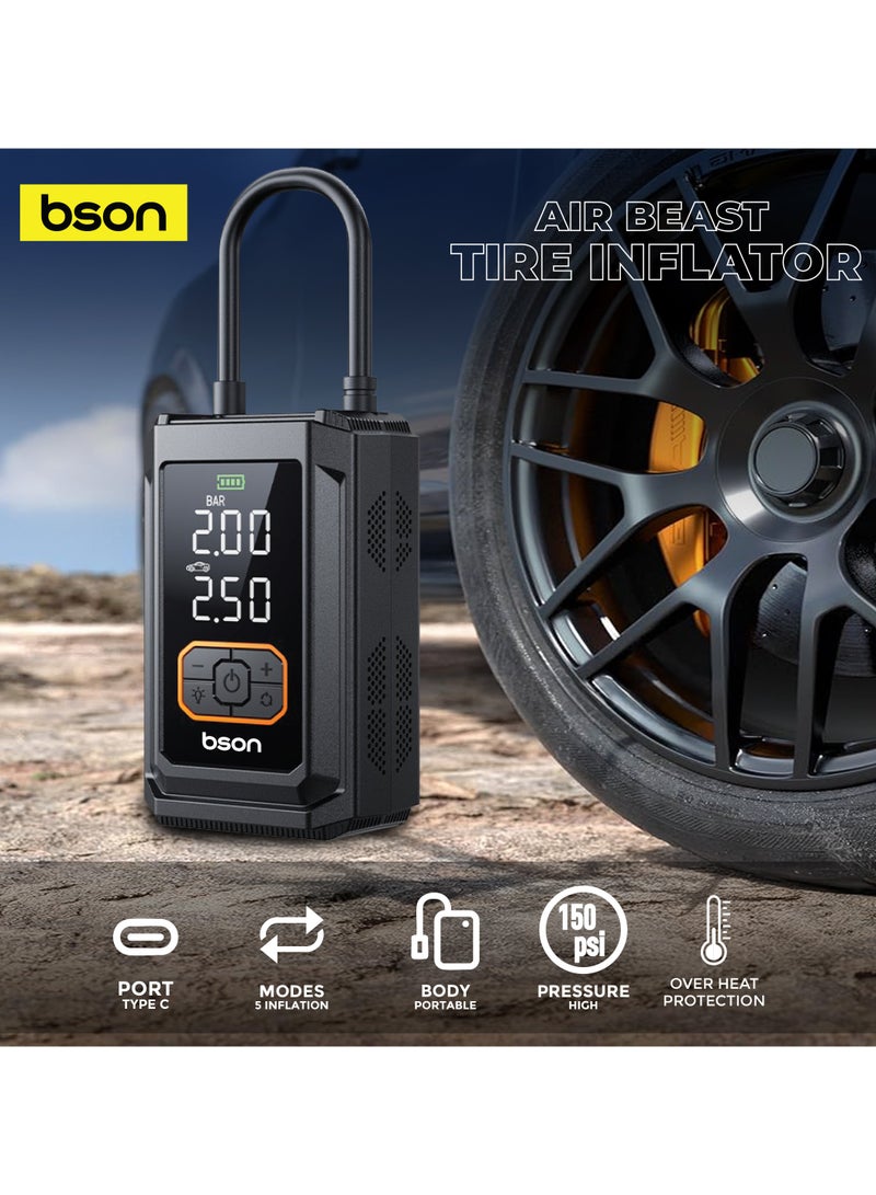 BSON Air Beast 4-in-1 Tire Inflator 150 PSI with Digital Display, 5 Smart Modes, Power Bank, LED Flashlight, Air Pressure Monitor - Compact Portable Air Pump for Car, Bike & Sports - Image 3