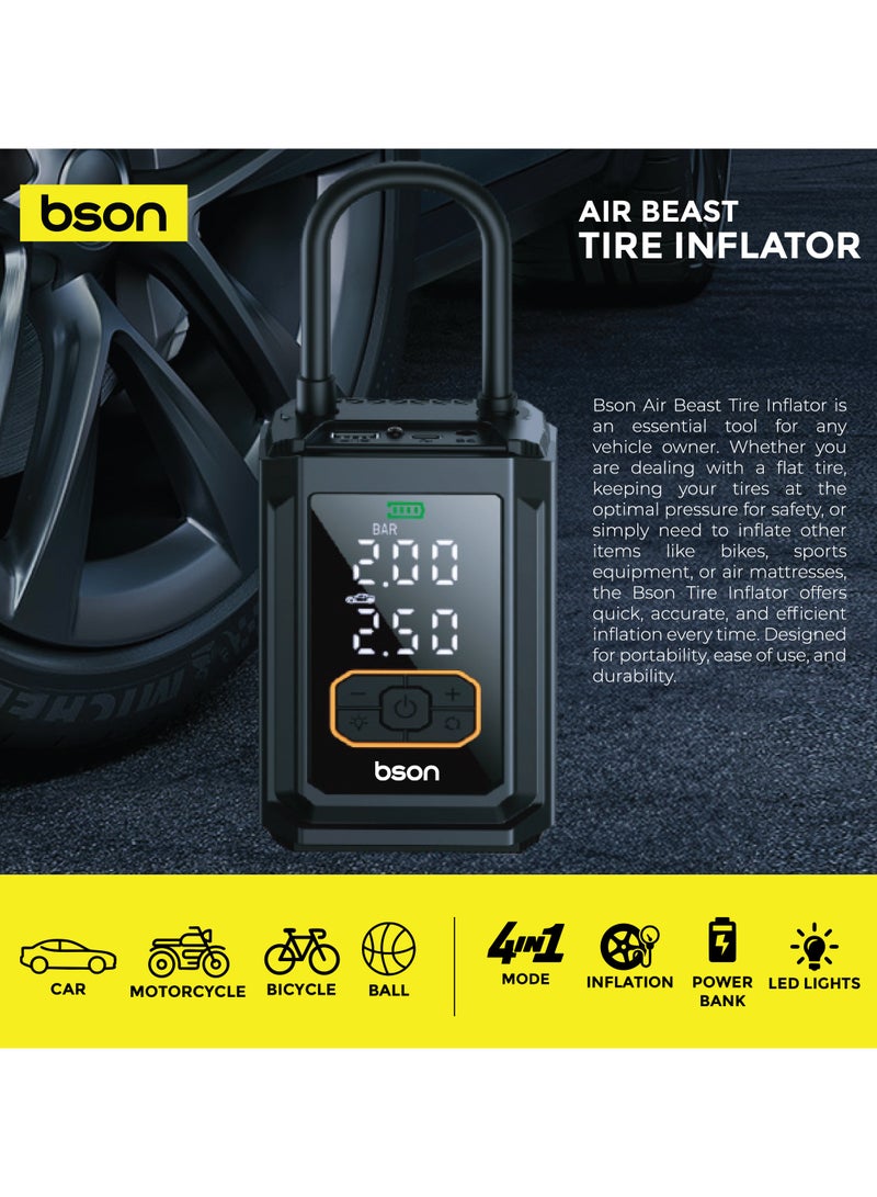 BSON Air Beast 4-in-1 Tire Inflator 150 PSI with Digital Display, 5 Smart Modes, Power Bank, LED Flashlight, Air Pressure Monitor - Compact Portable Air Pump for Car, Bike & Sports - Image 2