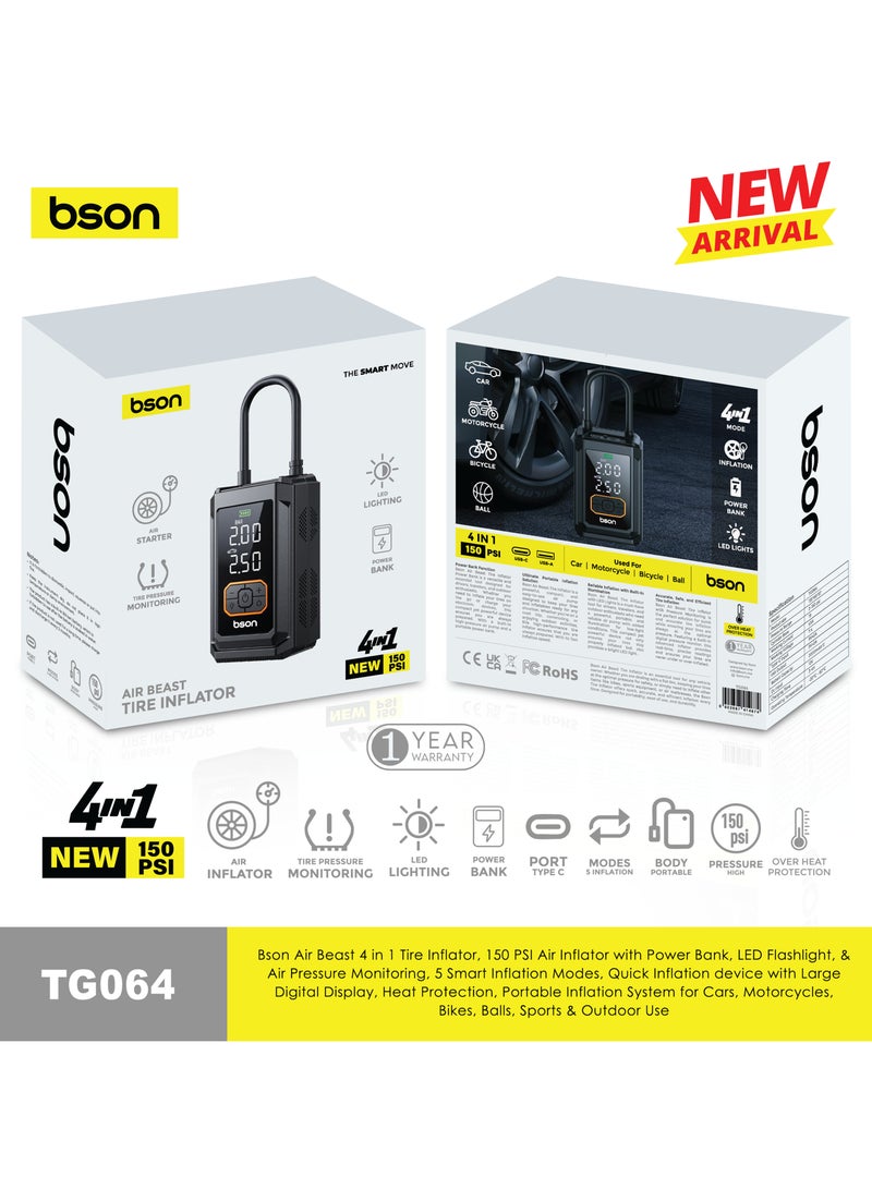 BSON Air Beast 4-in-1 Tire Inflator 150 PSI with Digital Display, 5 Smart Modes, Power Bank, LED Flashlight, Air Pressure Monitor - Compact Portable Air Pump for Car, Bike & Sports - Image 4