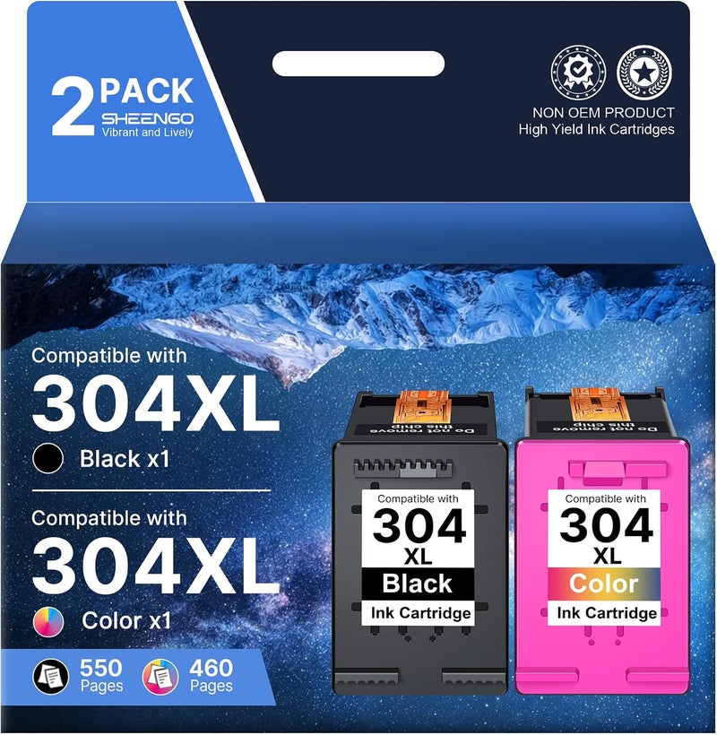 SHEENGO 304XL Ink Cartridges Combo Pack Compatible for HP 304 304XL Ink Cartridges Black and Colour Compatible with HP Envy 5010 5020 5032 5030 5000 DeskJet 3760 3762 2600 2620 2630 2633 3720 (2 Pack) - Image 1