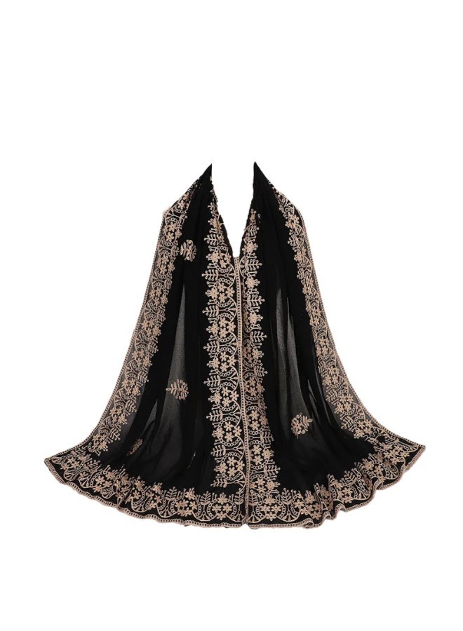 Luxury Embroidered Chiffon Hijab Scarf for Women, Black with Gold Floral Design, 70x190cm - Image 1
