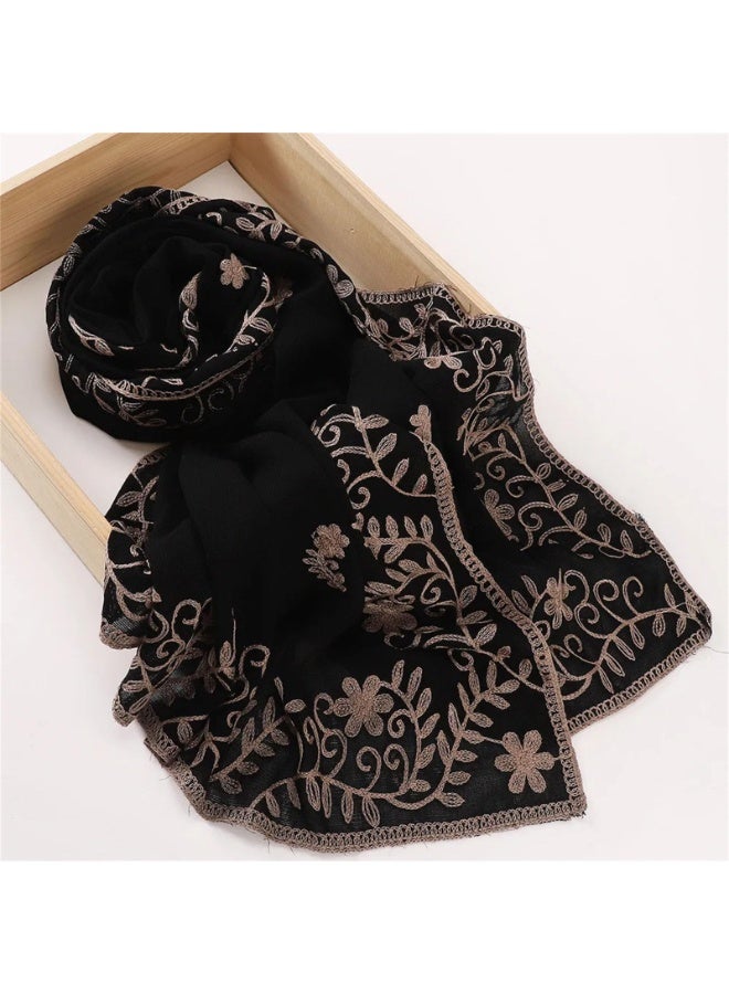 Luxury Embroidered Chiffon Hijab Scarf for Women, Black with Gold Floral Design, 70x190cm - Image 4