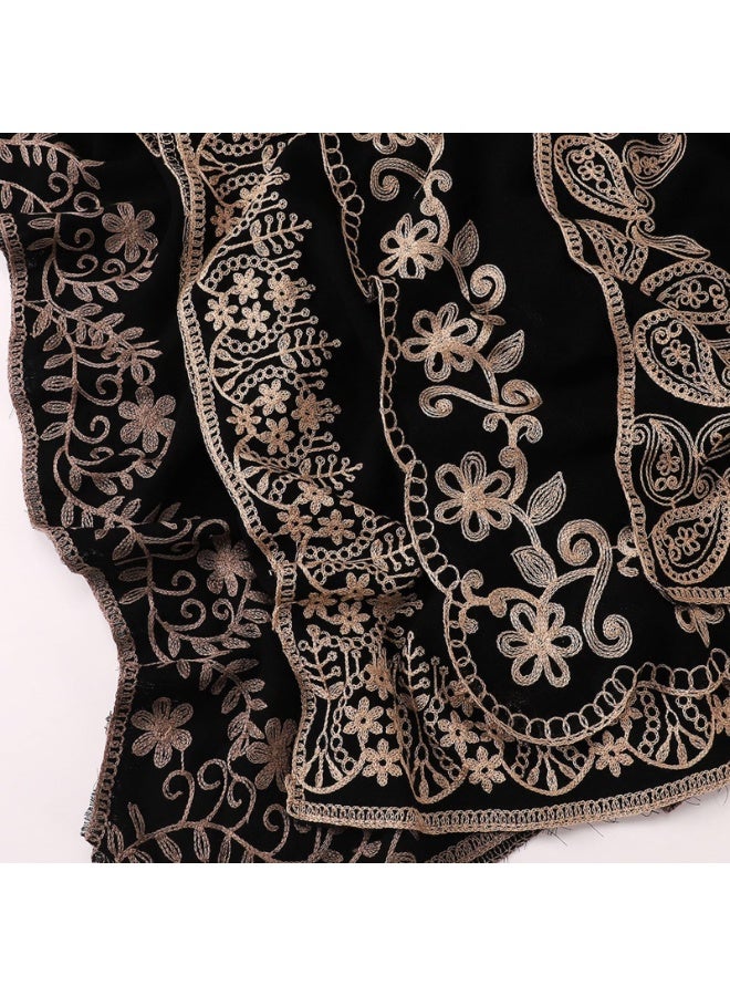 Luxury Embroidered Chiffon Hijab Scarf for Women, Black with Gold Floral Design, 70x190cm - Image 3