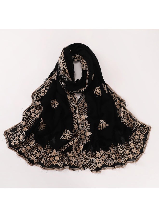 Luxury Embroidered Chiffon Hijab Scarf for Women, Black with Gold Floral Design, 70x190cm - Image 2