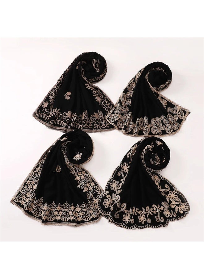 Luxury Embroidered Chiffon Hijab Scarf for Women, Black with Gold Floral Design, 70x190cm - Image 5