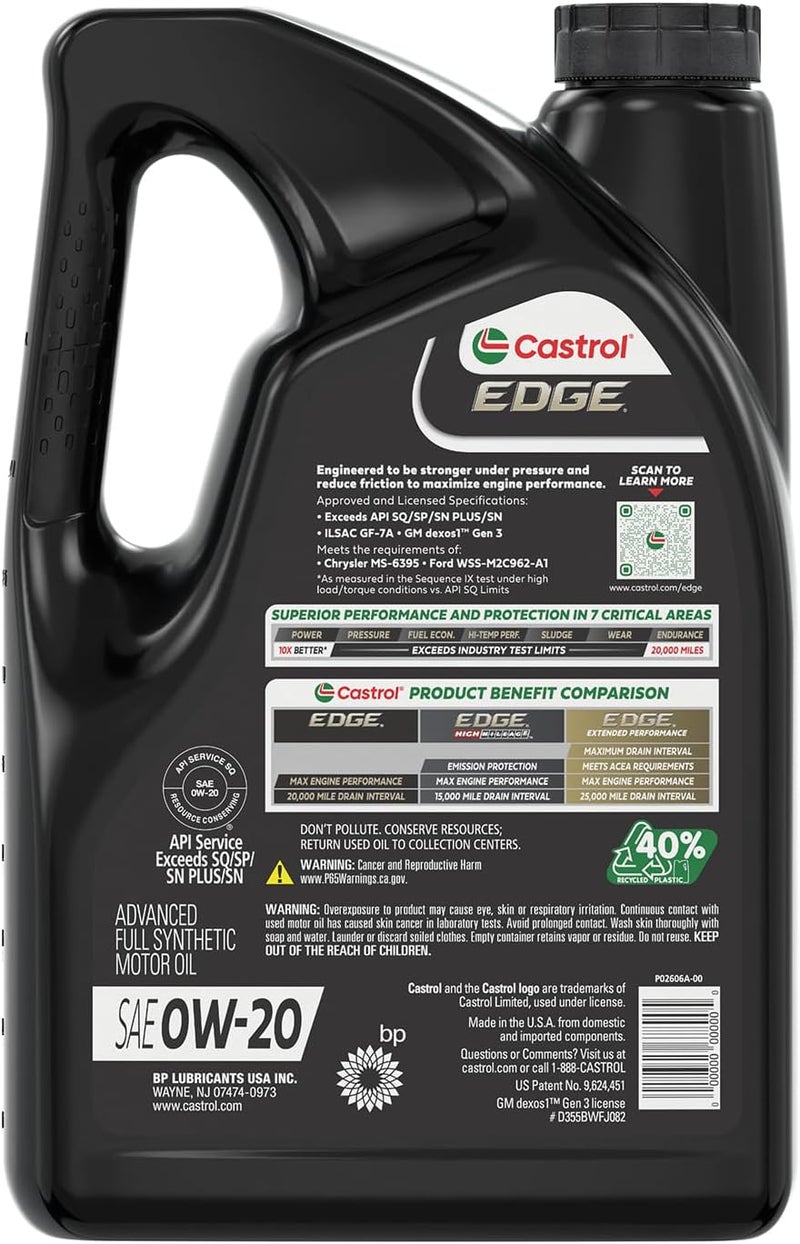 Castrol EDGE 0W-20 Advanced Full Synthetic Motor Oil, 5 Quarts - Image 4