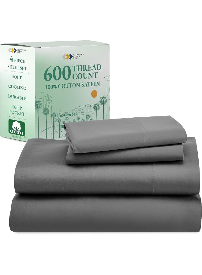California Design Den California Design Den - Hotel Luxury Sheets King Size 100% Cotton, 600 Thread Count Deep Pocket, Snug Fit, Soft & Crisp Cooling Hotel-Quality Bedsheets 4 Piece Set, Sateen Weave (King, Gray) - Image 1