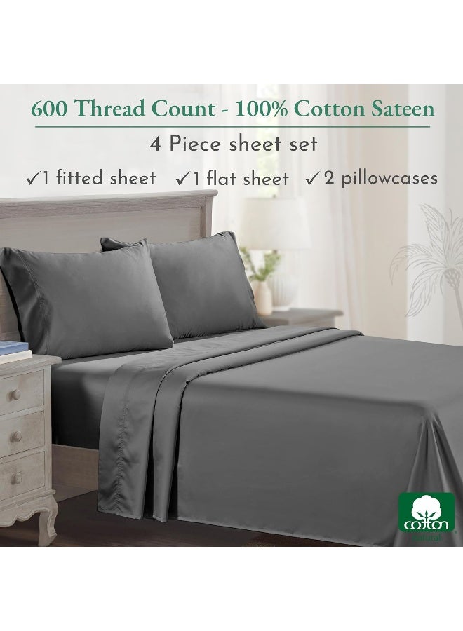 California Design Den California Design Den - Hotel Luxury Sheets King Size 100% Cotton, 600 Thread Count Deep Pocket, Snug Fit, Soft & Crisp Cooling Hotel-Quality Bedsheets 4 Piece Set, Sateen Weave (King, Gray) - Image 3