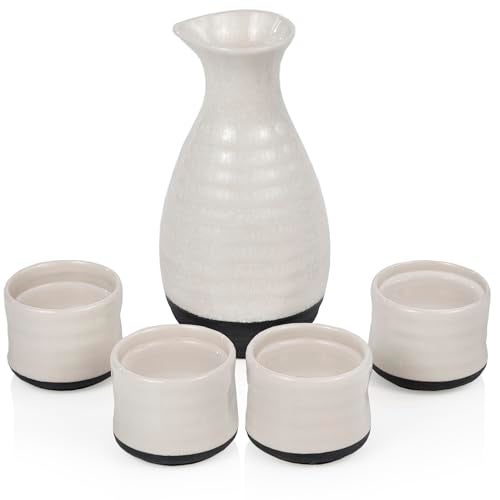 True Fervor Ceramic Sake Set Includes Four 35 oz Small Cups  One 8 oz Carafe for Gin Japanese Tea Herbal Teas Drinkware Home Bar 5Piece White