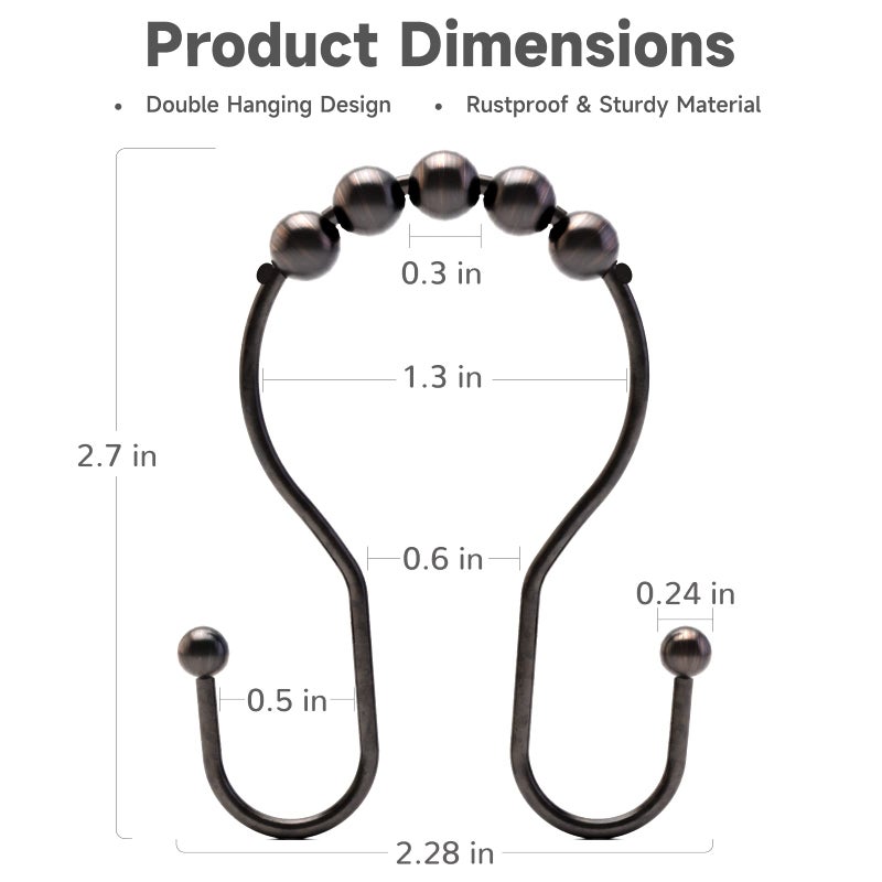 Bathway Shower Curtain Hooks Bronze Shower Curtain Rings Rust Proof Double Hook Shower Curtain Hooks, 12 Pcs Shower Hooks for Shower Curtain, Shower Rings for Curtain Bathroom, Metal Shower Rod Hooks - Image 5