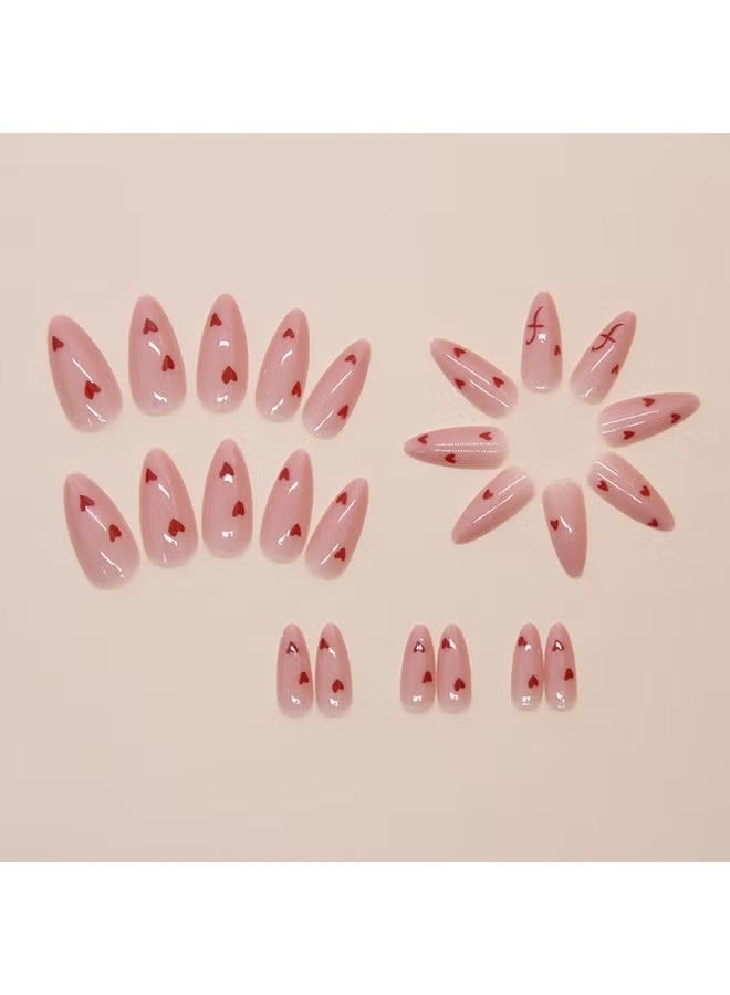 KHAJUL 24 Pcs Lovely Heart Press on Nails Short Medium Fake Nails with Glue Nude Pink False Nails Almond Shape Nails Reusable Stick on Nails Full Cover Artificial Nails for Women Nail Art - Image 3