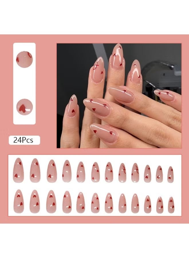 KHAJUL 24 Pcs Lovely Heart Press on Nails Short Medium Fake Nails with Glue Nude Pink False Nails Almond Shape Nails Reusable Stick on Nails Full Cover Artificial Nails for Women Nail Art - Image 5