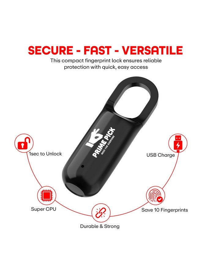 PRIME PICK قفل بصمة الإصبع الآمن من برايم بيك، قفل صغير أسود قابل لإعادة الشحن عبر USB بدون مفتاح للجيم، خزانة المدرسة، باب المنزل، أمتعة السفر، حقيبة الظهر (أسود، 1 عبوة) - Image 3