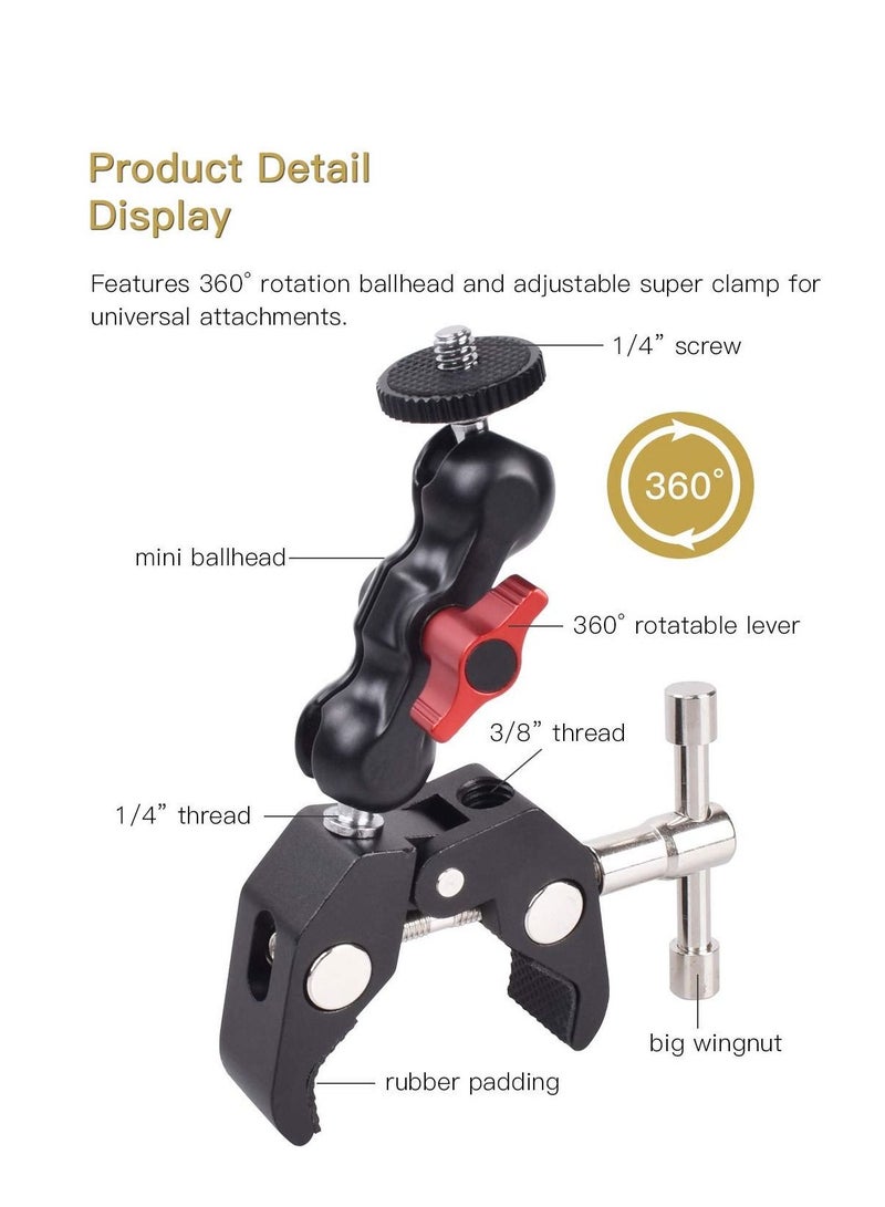 KASTWAVE Super Camera Clamp Mount 3/8" thread and 1/4" Screw with 360° Ballhead Magic Arm for DSLR Camera / LED - Image 5