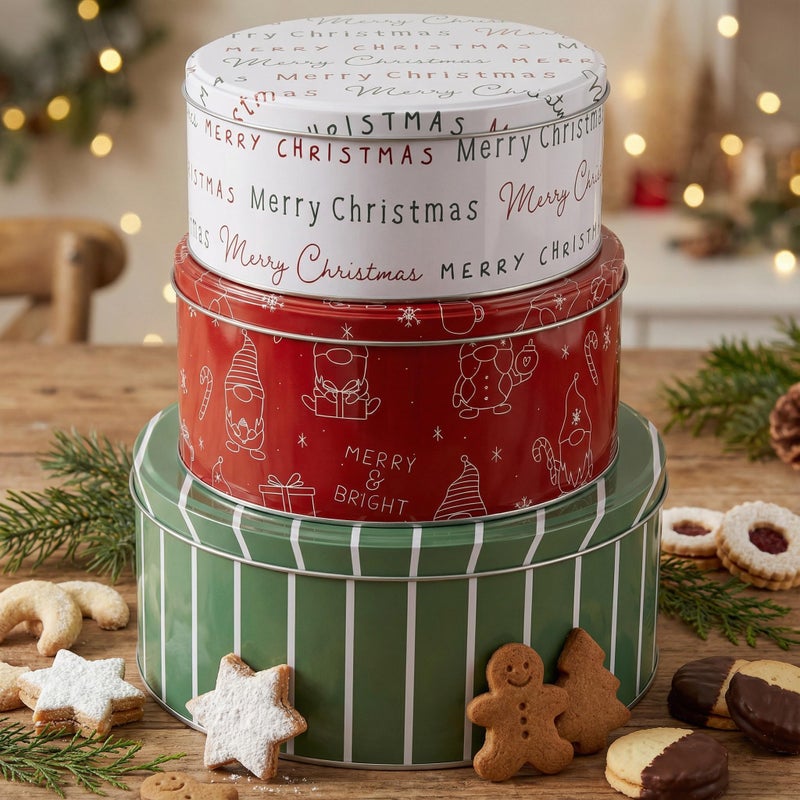 KIBAGA Beautiful Christmas Cookie Tins Set Of 3 - Cute Containers Are Perfect To Share Delicious Homemade Cookies, Candy Or Cupcakes With Friends & Family - Sturdy Boxes With Lids For Holiday Gift Giving - Image 1