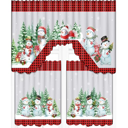 Frienda Christmas Kitchen Curtains Window Curtains and Valance Set Snowman Christmas Tree Buffalo Plaid Christmas Curtains Swag for Bedroom Living Room 60 x 36 Valance 36 x 30 Tier Black Red - Image 1