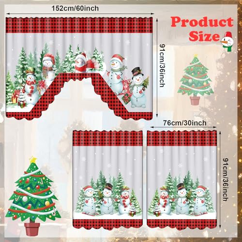 Frienda Christmas Kitchen Curtains Window Curtains and Valance Set Snowman Christmas Tree Buffalo Plaid Christmas Curtains Swag for Bedroom Living Room 60 x 36 Valance 36 x 30 Tier Black Red - Image 3