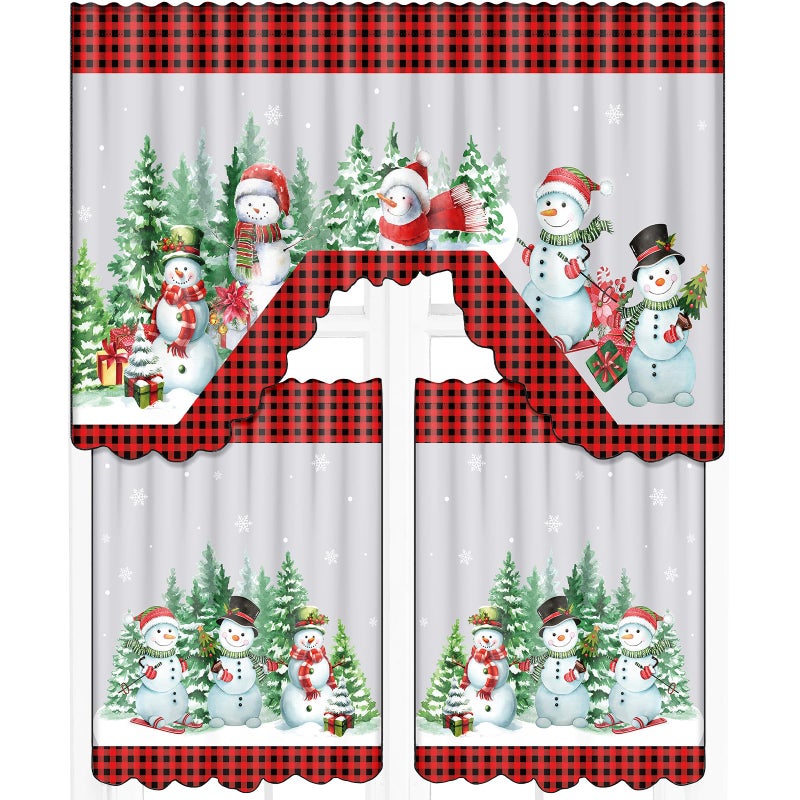Frienda Christmas Kitchen Curtains Window Curtains and Valance Set Snowman Christmas Tree Buffalo Plaid Christmas Curtains Swag for Bedroom Living Room 60 x 36 Valance 36 x 30 Tier Black Red - Image 2