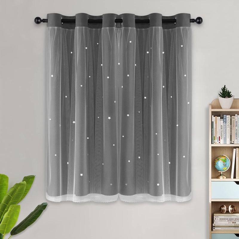 Kinryb Grey Star Cut-Out Blackout Kids Curtains Double Layer Noise Reducing Curtains with Sheer for Bedroom Thermal Insulated Drape for Living Room/Playroom/Bedroom 42"" W x 95"" L Grey 2 Panels - Image 2