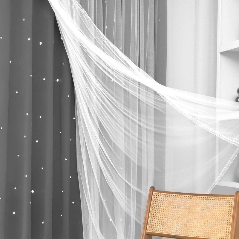 Kinryb Grey Star Cut-Out Blackout Kids Curtains Double Layer Noise Reducing Curtains with Sheer for Bedroom Thermal Insulated Drape for Living Room/Playroom/Bedroom 42"" W x 95"" L Grey 2 Panels - Image 3