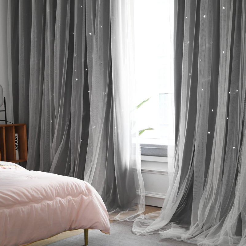 Kinryb Grey Star Cut-Out Blackout Kids Curtains Double Layer Noise Reducing Curtains with Sheer for Bedroom Thermal Insulated Drape for Living Room/Playroom/Bedroom 42"" W x 95"" L Grey 2 Panels - Image 4