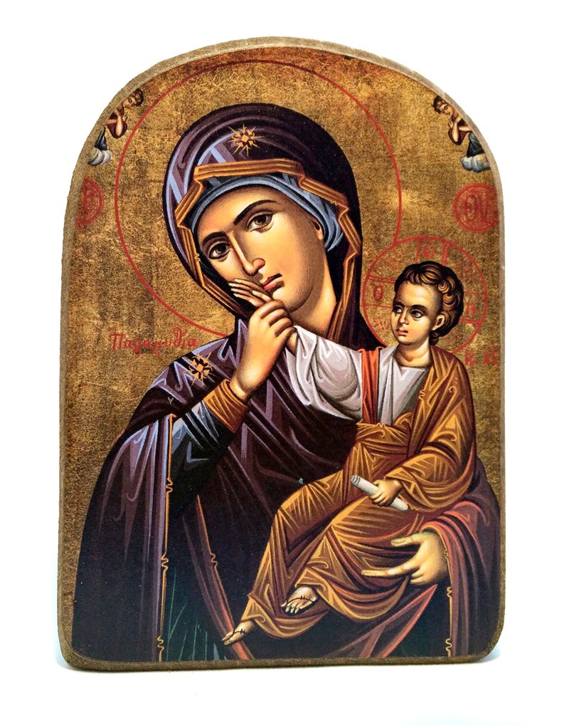 Iconsgr Handmade Wooden Greek Christian Orthodox Mount Athos Icon of Virgin Mary Mp2 - Image 1