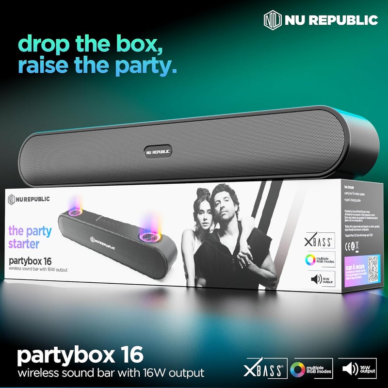 نو ريبابليك مكبر صوت بلوتوث Party Box 16، شريط صوتي بتقنية X-Bass، وقت تشغيل يصل إلى 10 ساعات، أضواء LED متعددة RGB، خرج 16 واط (أسود، قناة 2.0) - Image 4
