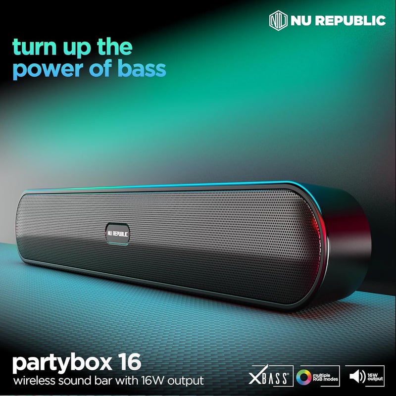 نو ريبابليك مكبر صوت بلوتوث Party Box 16، شريط صوتي بتقنية X-Bass، وقت تشغيل يصل إلى 10 ساعات، أضواء LED متعددة RGB، خرج 16 واط (أسود، قناة 2.0) - Image 2