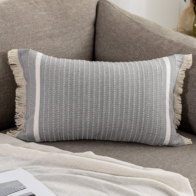 OJIA Modern Throw Pillow Cover with Tassels Decorative Liana Fringe Accent Cushion Case Farmhouse Woven Pillowcase for Sofa Chair Couch Bed Decor Lumbar 12 x 20 Inches Grey