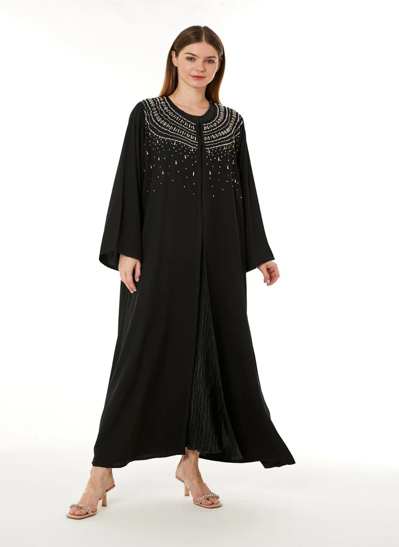 Moistreet  Black Korean Nida Hand Embellished Abaya for Women | Best Price UAE