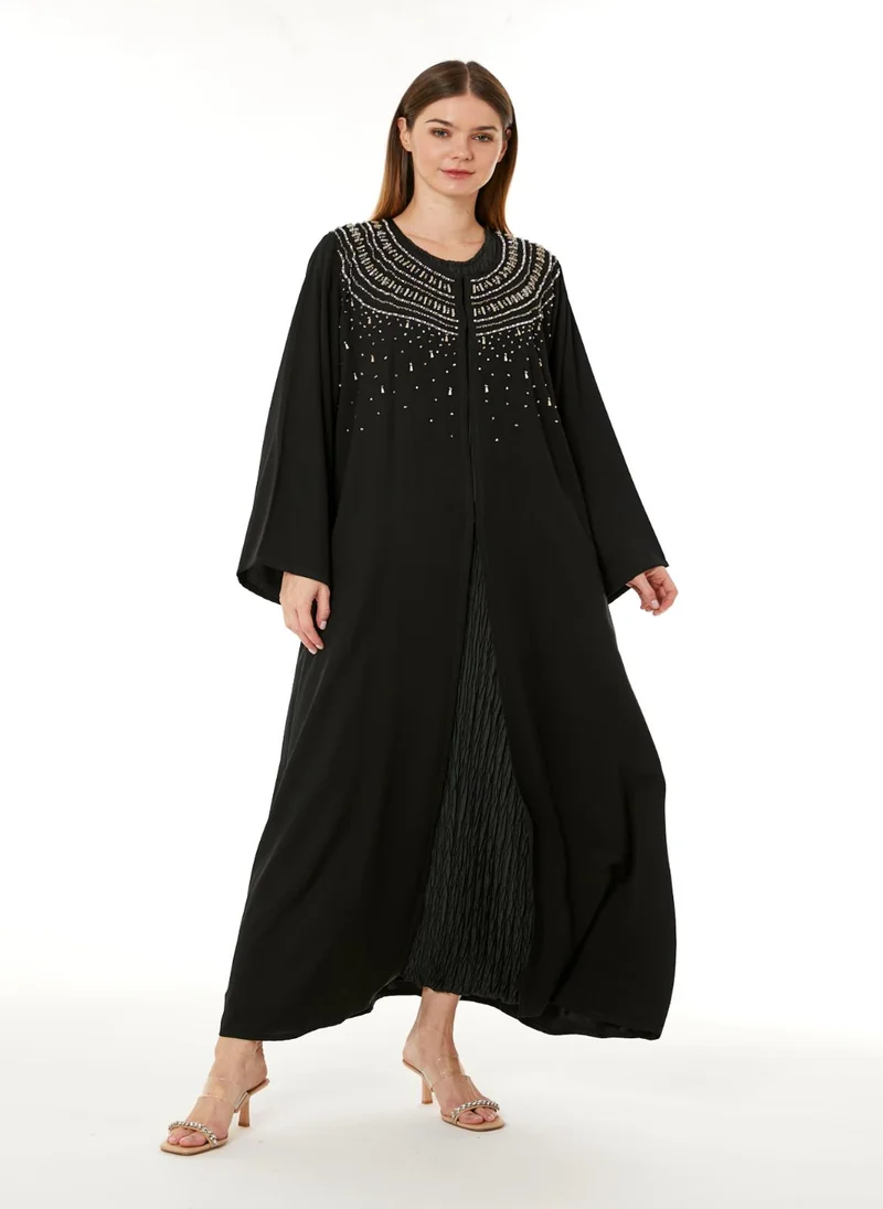 Moistreet  Black Korean Nida Hand Embellished Abaya for Women | Best Price UAE