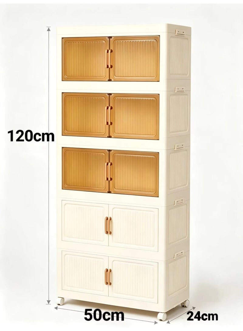 ChenDa > Five‑Tier Foldable Storage Cabinet with Universal Wheels, 3 Magnetic Translucent Brown Hinged Double Doors + 2 Magnetic Solid Hinged Double Doors, for Kitchen, Bedroom, Living Room & Storage Room - Image 2