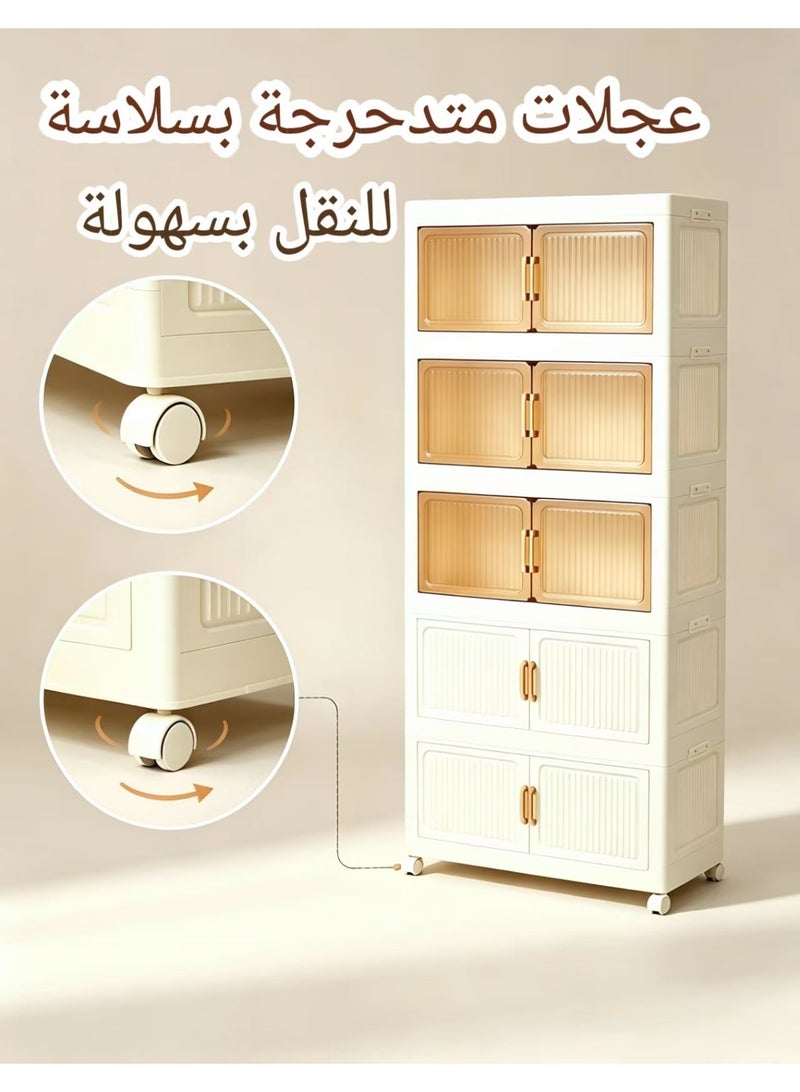 ChenDa > Five‑Tier Foldable Storage Cabinet with Universal Wheels, 3 Magnetic Translucent Brown Hinged Double Doors + 2 Magnetic Solid Hinged Double Doors, for Kitchen, Bedroom, Living Room & Storage Room - Image 5