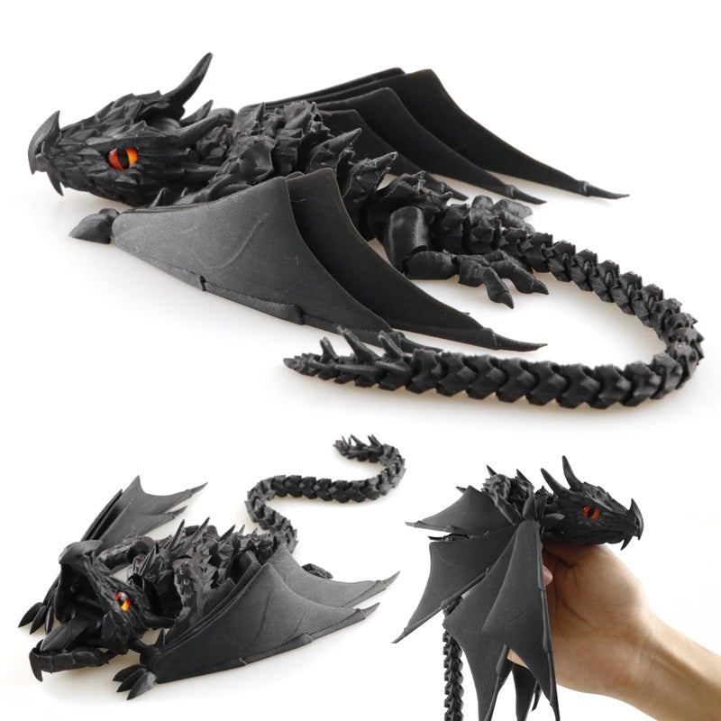 LehuoMaker 3D Printed Dragon with Wings, Fidget Dragon Toys, 3D Printed Animals, Flexible Articulated Winged Crystal Dragon Model,Home Office Decor Desktop Pet(Silk Black) - Image 1